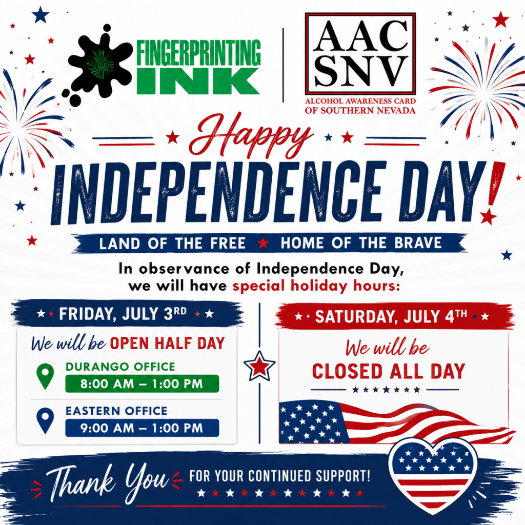Patriotic Independence Day notice from Fingerprinting INK and AAC SNV lists July 3 half-day hours at Durango and Eastern offices, then closure on July 4.